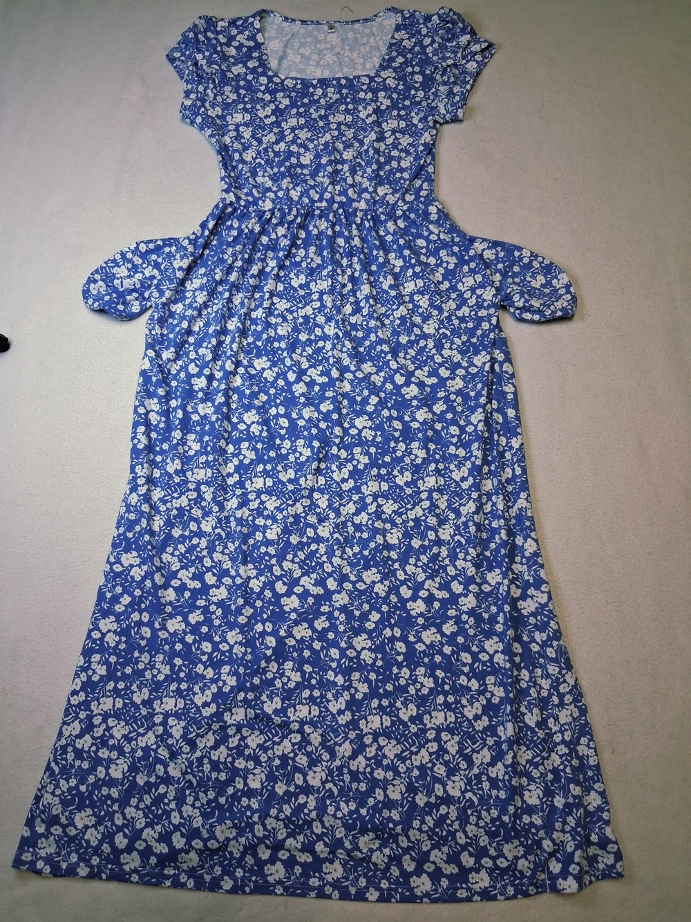 Blue Floral Maxi Dress with White Print And Pockets